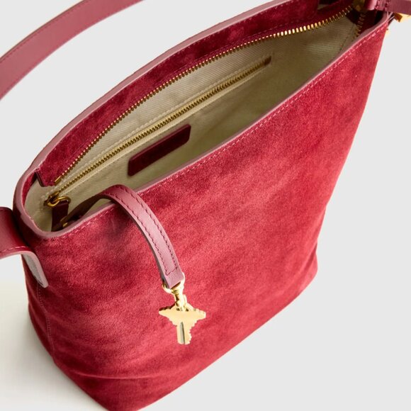 Quince Italian Suede Bucket Crossbody Leather Bag Merlot Burgundy Brass Minimal - Picture 3 of 13